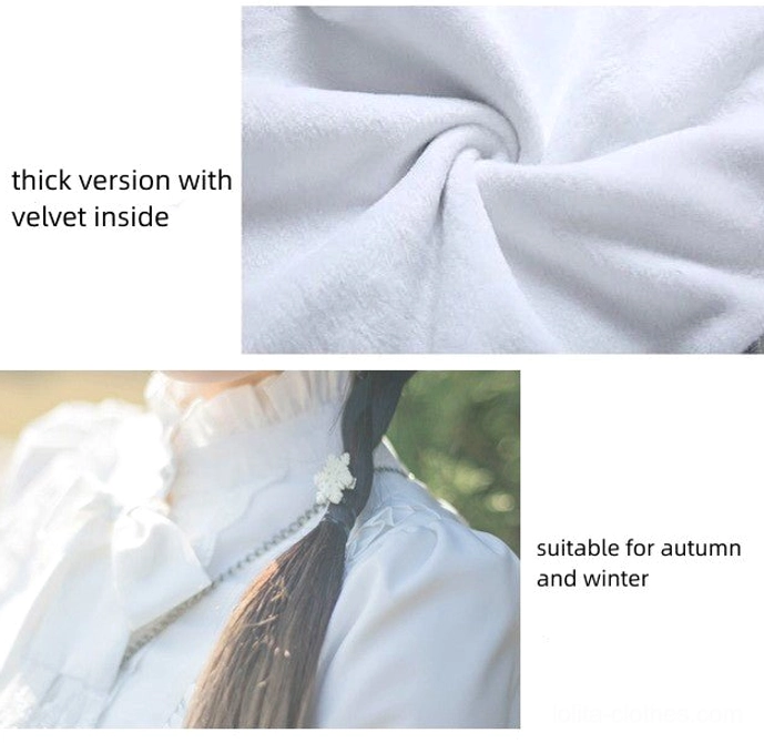 Product lifestyle shot of stand collar puff sleeve Lolita blouse styled with gothic Lolita coordinate showing how blouse works within complete outfit aesthetic