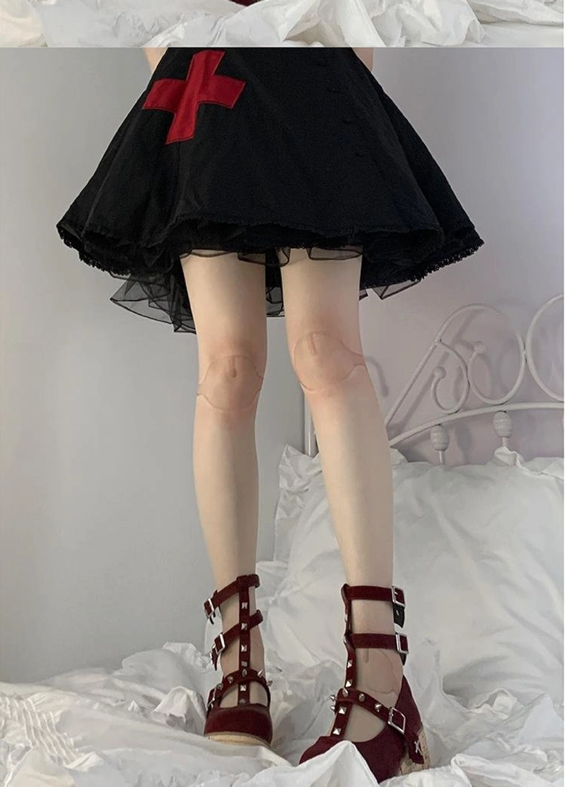 Standing Lolita stockings display short nurse dress burgundy heels joint print pattern