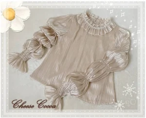 Star Drop Ceremony elegant Lolita puff sleeve blouse flat lay beige color ruffled stand collar crinkled shiny striped fabric oversized bowknot puff long sleeves