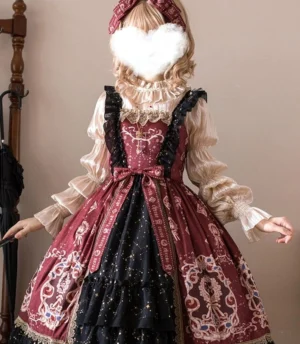Star Drop Ceremony Lolita blouse elegant puff sleeve long sleeve innerwear front full body model shot blonde girl burgundy black color blocked skirt starry glitter fabric