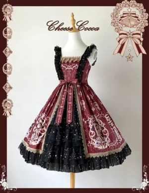 Star Drop Ceremony Lolita Jumper Skirt three-quarter front view mannequin display red wine JSK glitter print open front design