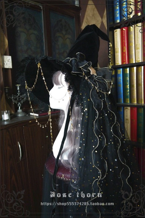 Star-embellished sheer double-layer veil accessory for lolita witch hat creating ethereal ghost-like effect with sparkle