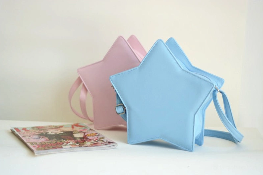 Five-pointed star Lolita bag product collection view, multi-color star-shaped messenger available in pastel pink white black gold silver, Sweet Lolita coordinate