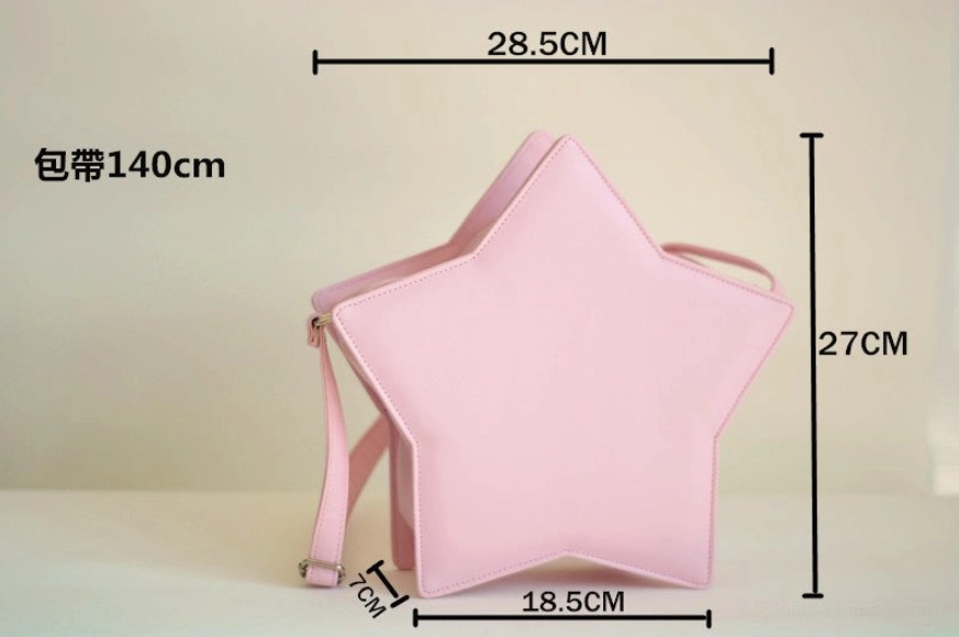 Pink star Lolita bag overall size display showing official dimensions width 28.5cm height 27cm depth 7cm, strap length 140cm, handcrafted messenger proportions