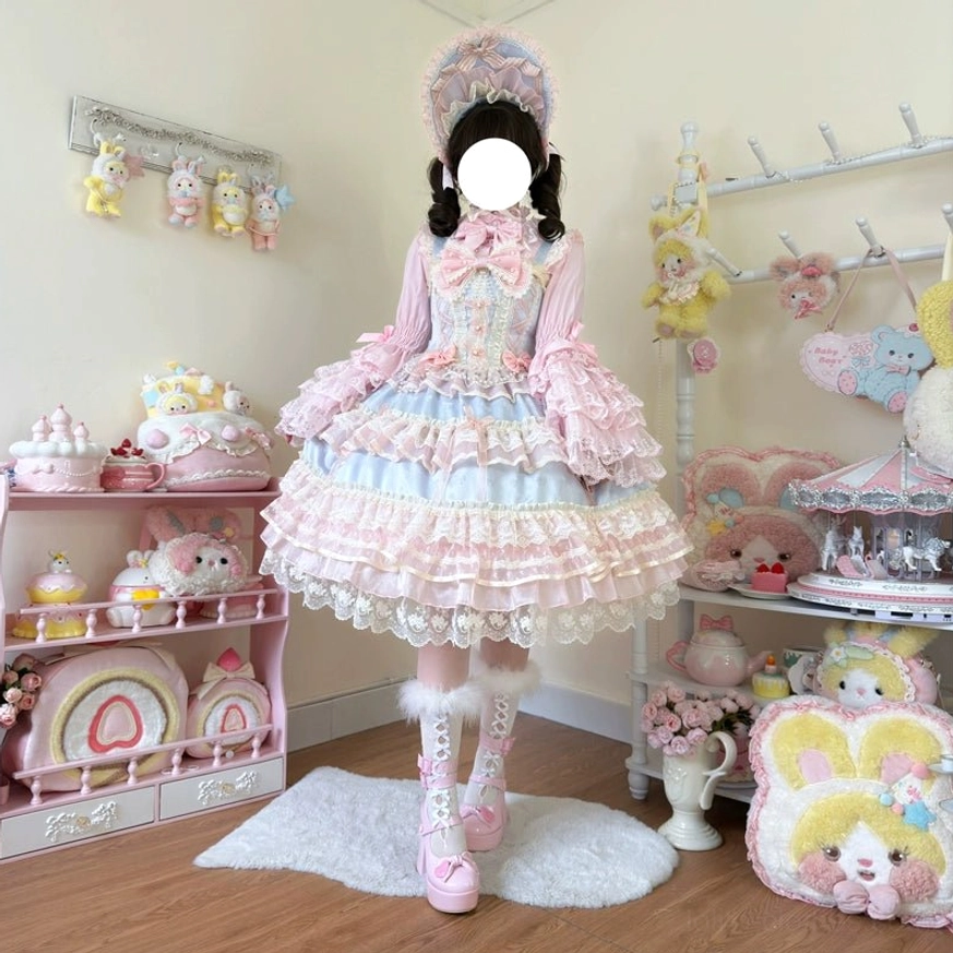 Star Love Song pastel color-block sweet lolita JSK dress front full-body shot with pink-blue-white tiered skirt, ruffled cuffs, matching bonnet, and fur-trimmed lace-up boots