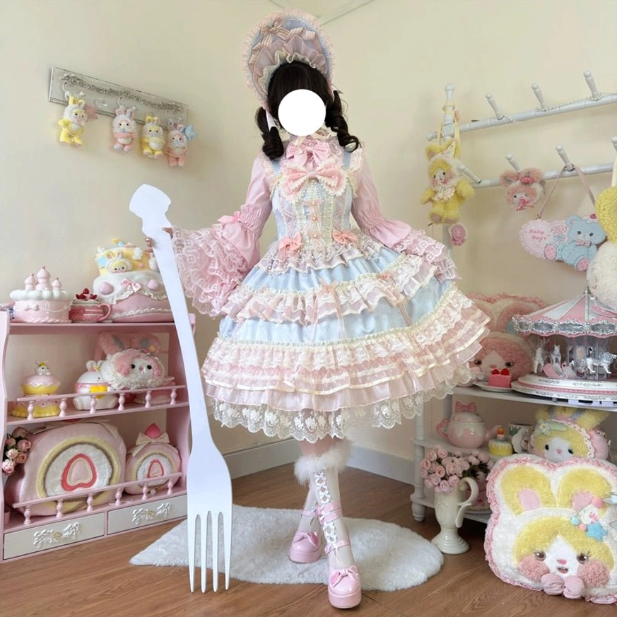 Star Love Song wedding lolita JSK dress chest bow detail with pearl embellishments, tiered ruffle foundation, and delicate lace trim