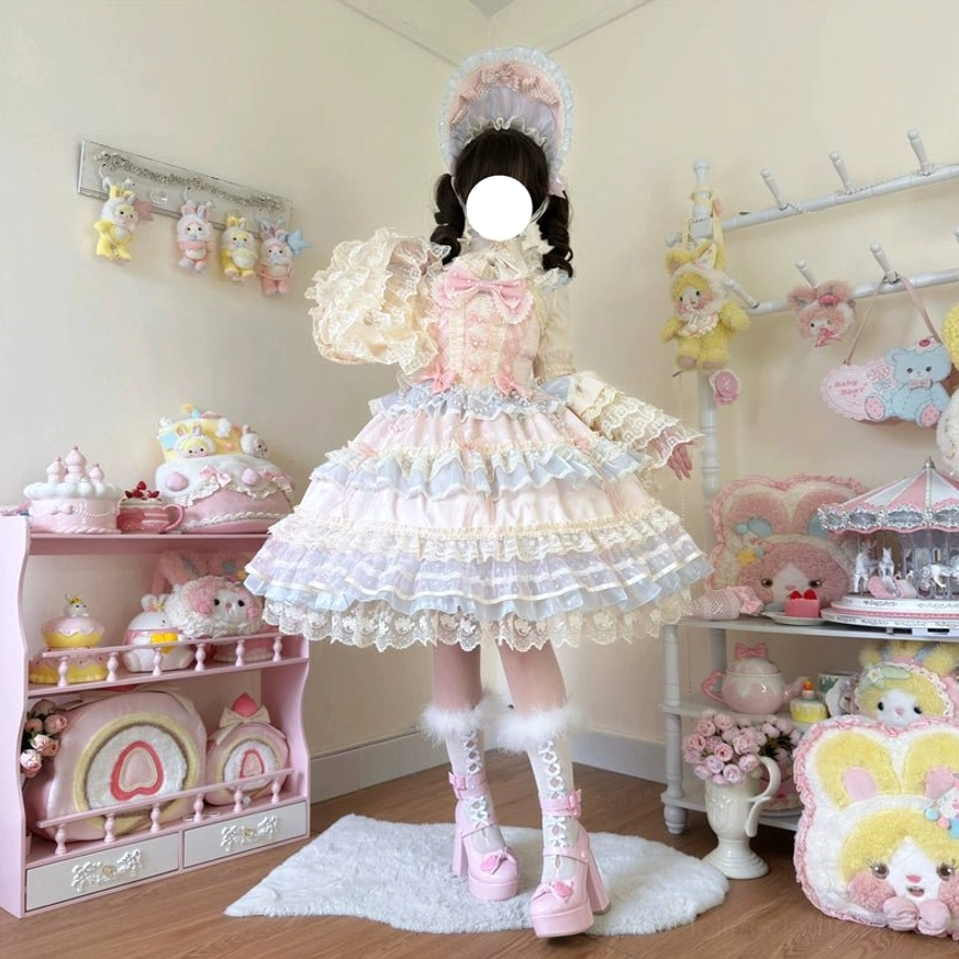 Star Love Song elegant wedding lolita JSK set front three-quarter shot displaying sheer puff sleeves, vintage lace trim, tiered ruffles, matching bonnet, and lace-up fuzzy boots