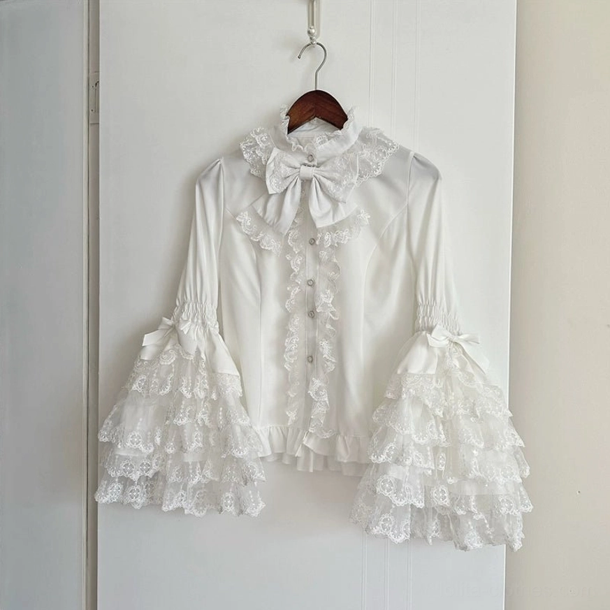 Star Love Song sweet lolita apricot blouse full coordinate display with tiered ruffles, puff sleeves, and warm peachy tone aesthetic