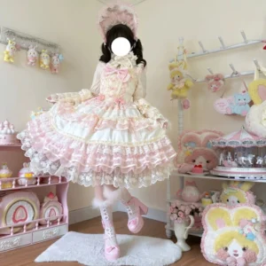 Star Love Song sweet lolita wedding dress back three-quarter view showing layered ruffles, shirring back, and matching bonnet with fuzzy platform boots