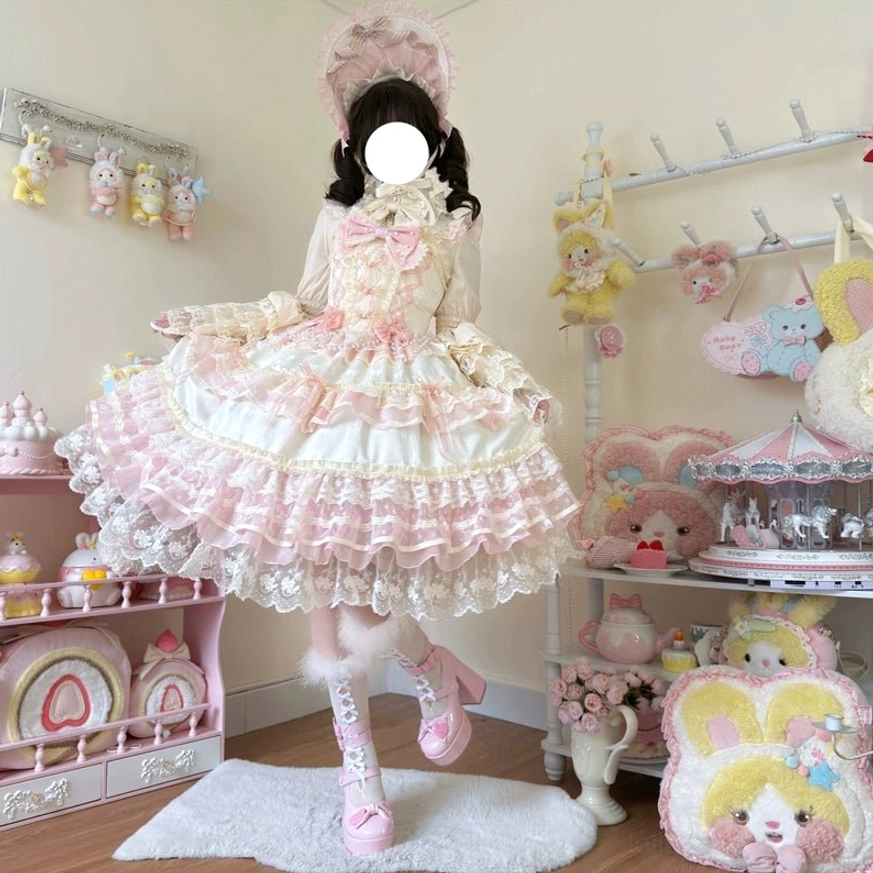 Star Love Song sweet lolita wedding dress back three-quarter view showing layered ruffles, shirring back, and matching bonnet with fuzzy platform boots