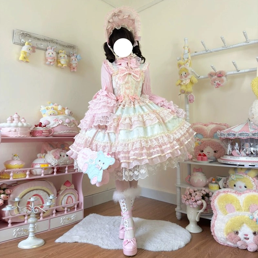 Star Love Song sweet lolita JSK dress neckline detail with bow feature, lace trim, and ruffled collar construction
