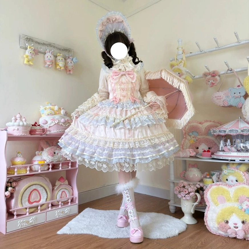 Star Love Song sweet lolita JSK dress side three-quarter full-body shot featuring tiered ruffle skirt, lace trim, structured bodice, matching bonnet, and fur-trimmed boots with lace parasol