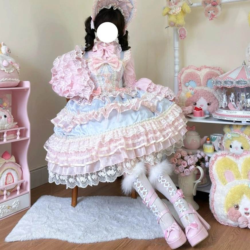 Star Love Song sweet lolita JSK dress waist bow detail view showing detachable bow construction, ruffle layers, and adjustable fitting system