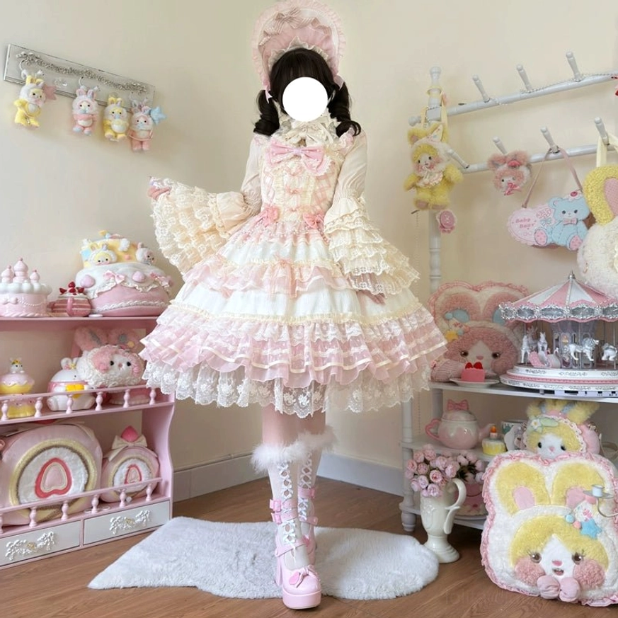 Star Love Song sweet lolita JSK dress side full-body shot featuring wide flare ruffled skirt, bishop puff sleeves, matching bonnet hat, and lace-up fur boots