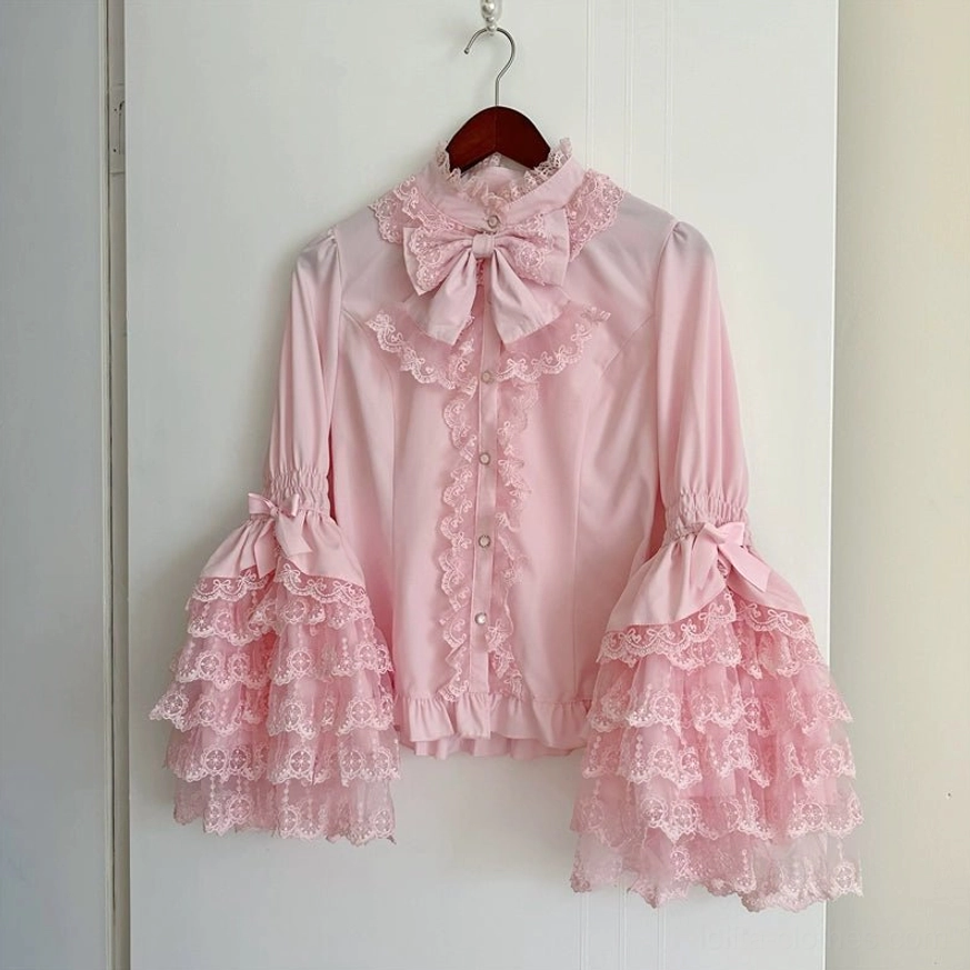 Star Love Song sweet lolita pink blouse full-body coordinate view with ruffled sleeves, bow details, and romantic aesthetic styling