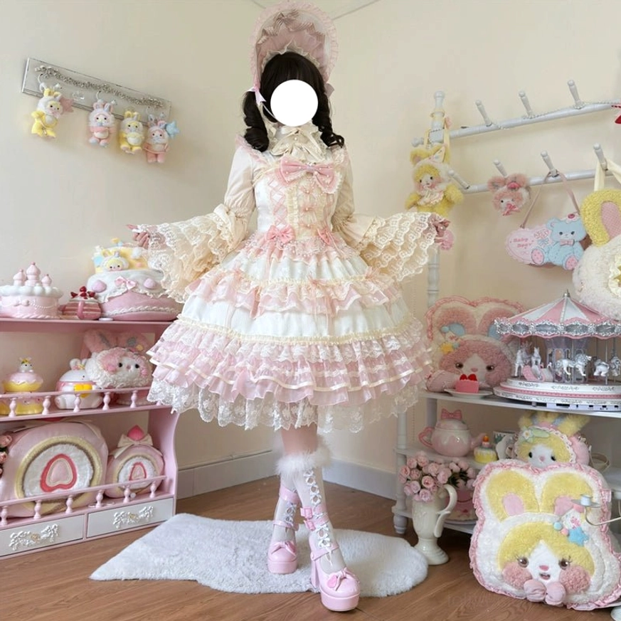 Star Love Song vintage sweet lolita outfit back three-quarter view with detachable puff sleeves, layered ruffle hem, matching bonnet, and fuzzy trim platform boots