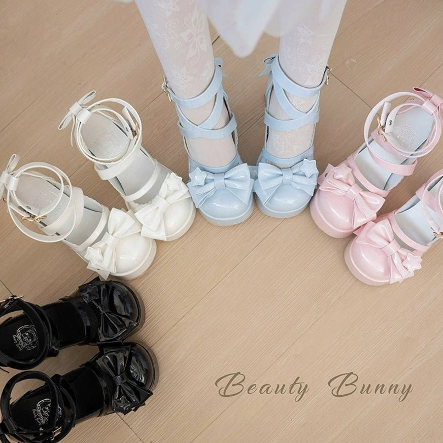 Star Prayer patent leather Mary Jane lolita heels flat lay display four colors white pink black blue round toe