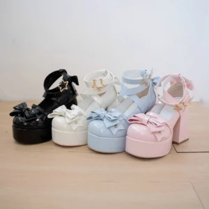 Patent leather Star Prayer lolita heels with bow and star buckles glossy finish block heel design showcase