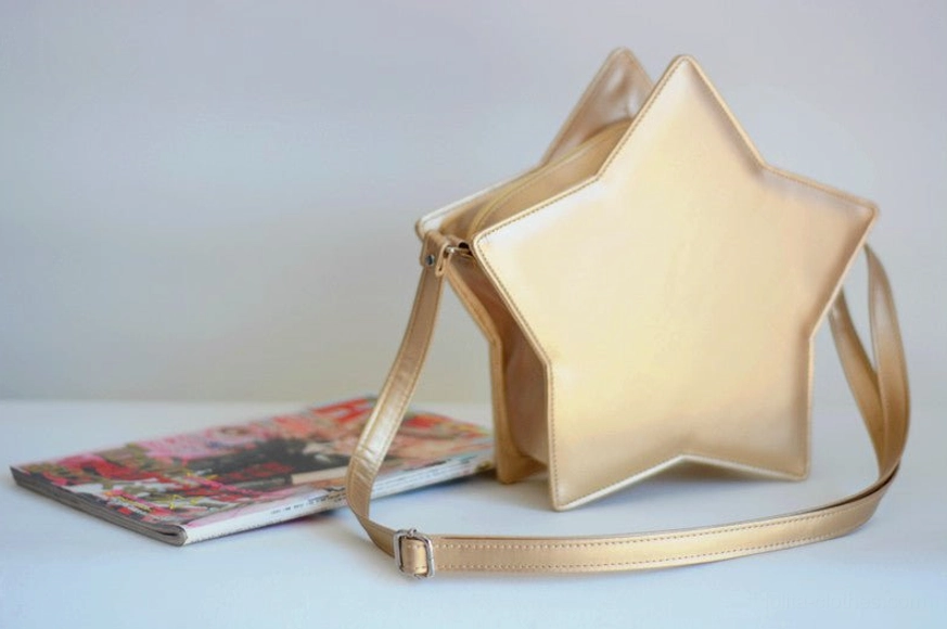 Star-shaped Lolita shoulder bag full product view, whimsical five-pointed silhouette, Sweet Lolita style with adjustable crossbody strap, premium handmade quality