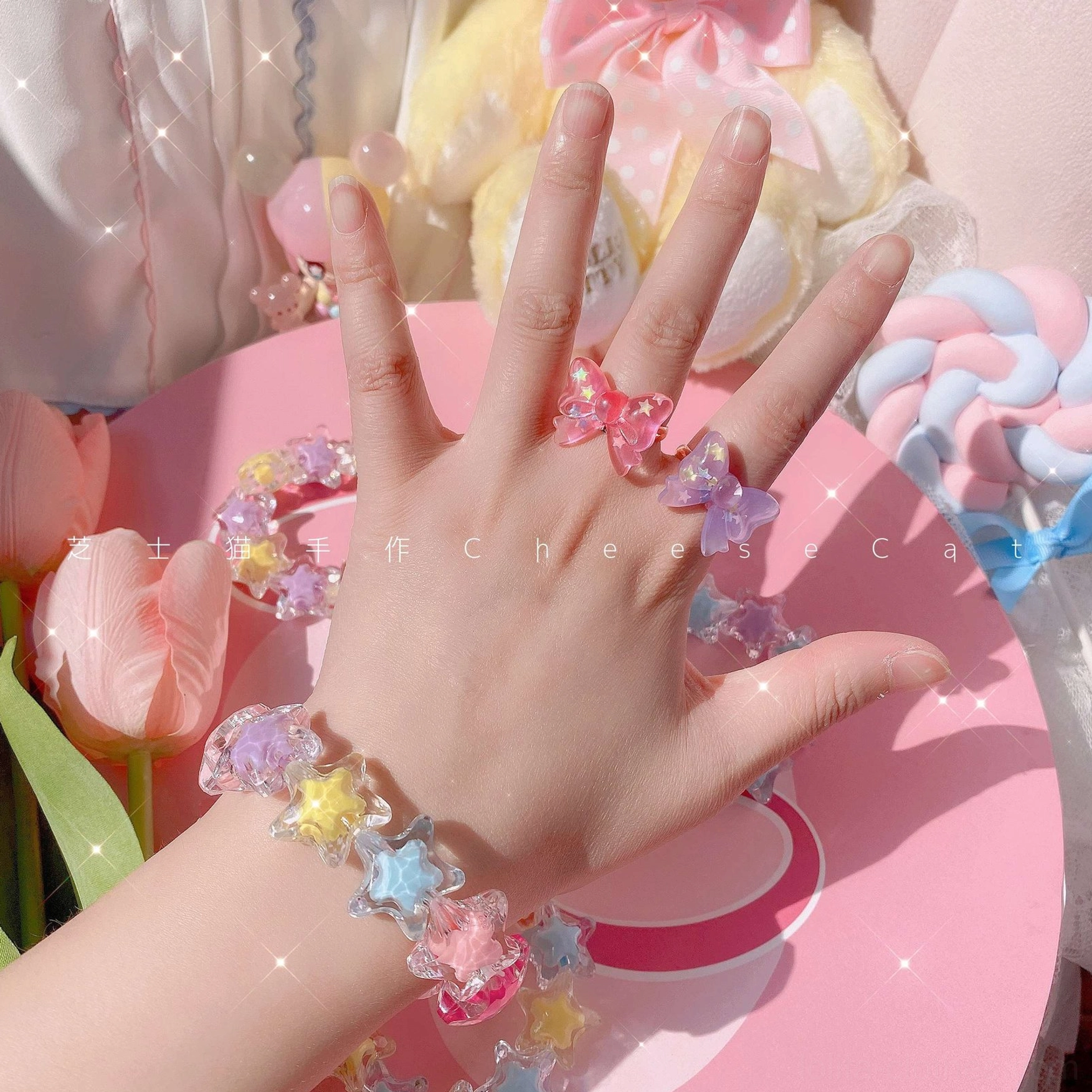Star-shaped beaded sweet Lolita bracelet color palette showcase with rainbow glitter options including yellow purple blue pink rose red and colorful multi-hue combinations