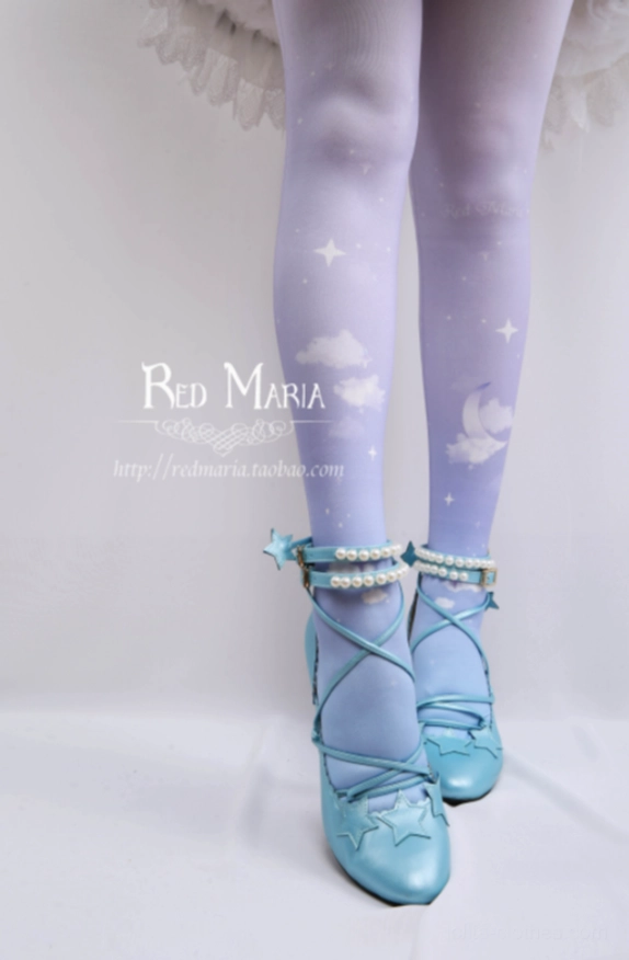 Starry cloud gradient velvet lolita tights flat lay premium 80 denier fabric celestial print clouds moon stars fantasy theme