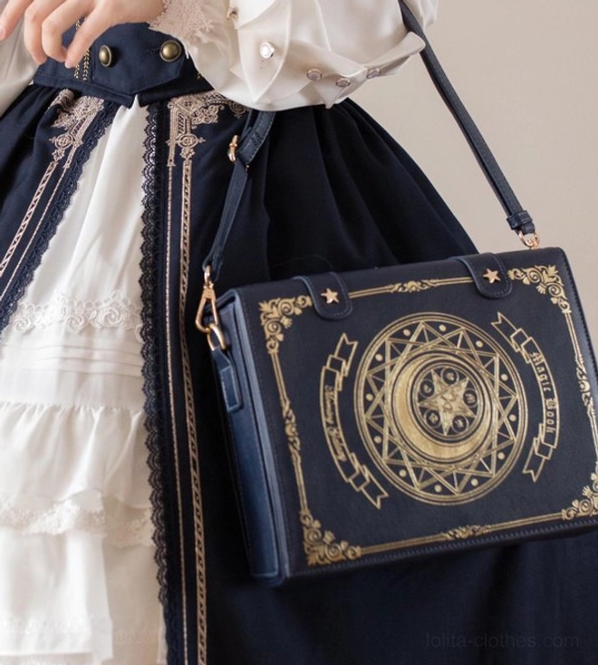Starry grimoire magic book lolita crossbody clamshell bag with intricate tarot and celestial pattern embroidery in gold foil