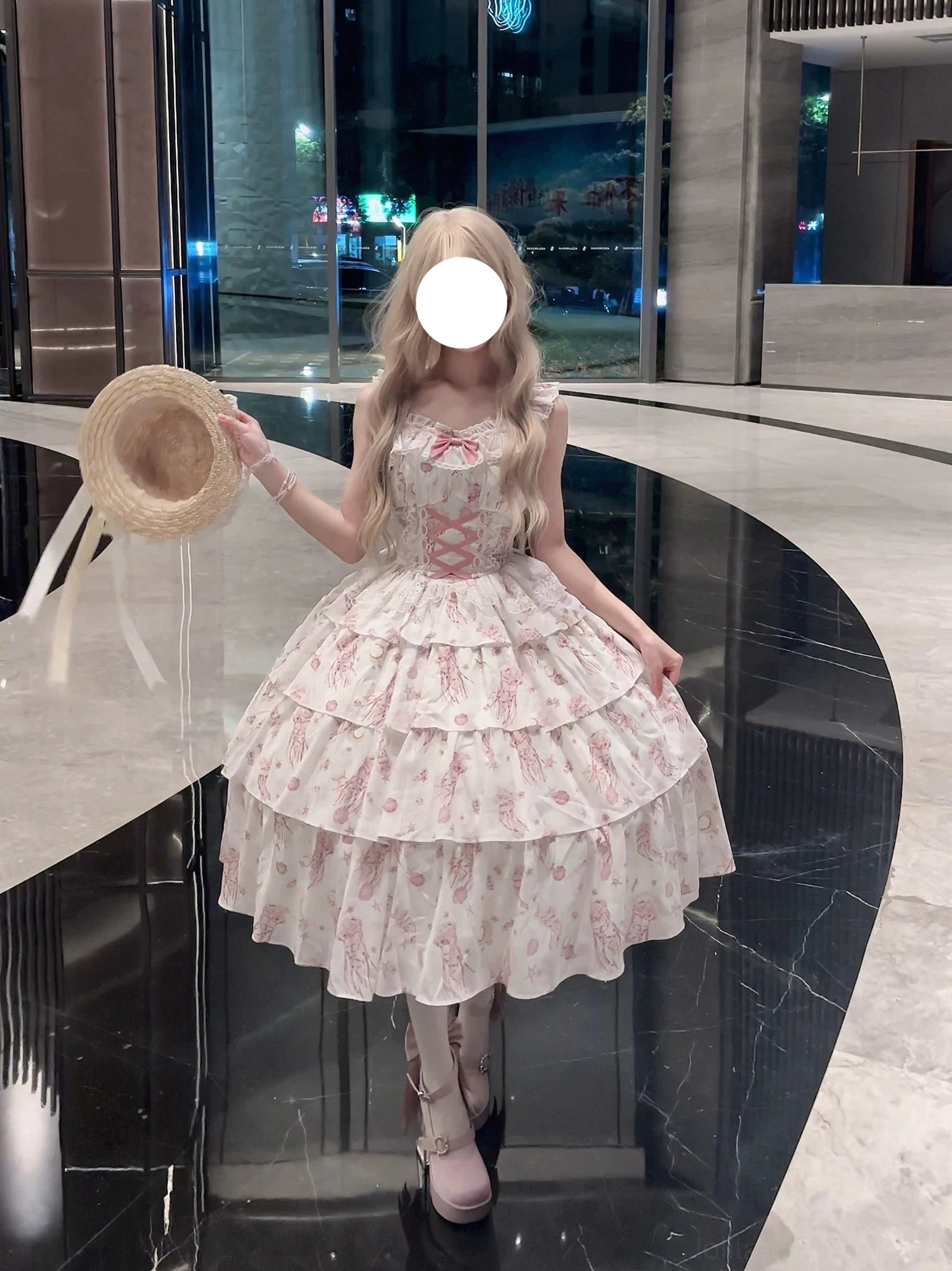 Starry jellyfish sleeveless classic lolita JSK jumper skirt front view pink tiered skirt starry jellyfish print corset lace-up detail