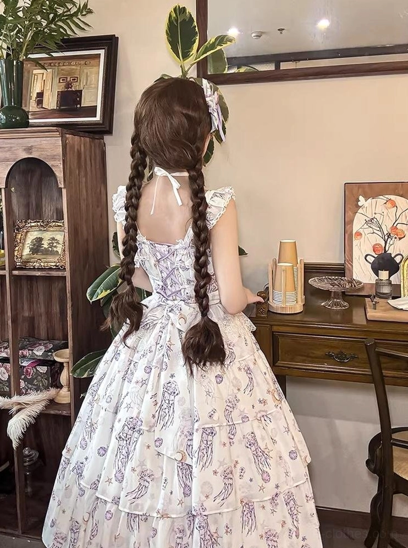 Starry jellyfish sleeveless classic lolita JSK jumper skirt back view white base blue jellyfish print halter back tiered ruffled skirt