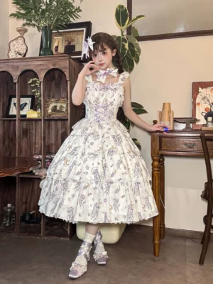 Starry jellyfish sleeveless classic lolita JSK jumper skirt front view white base blue-purple print corset lace-up design tiered ruffles