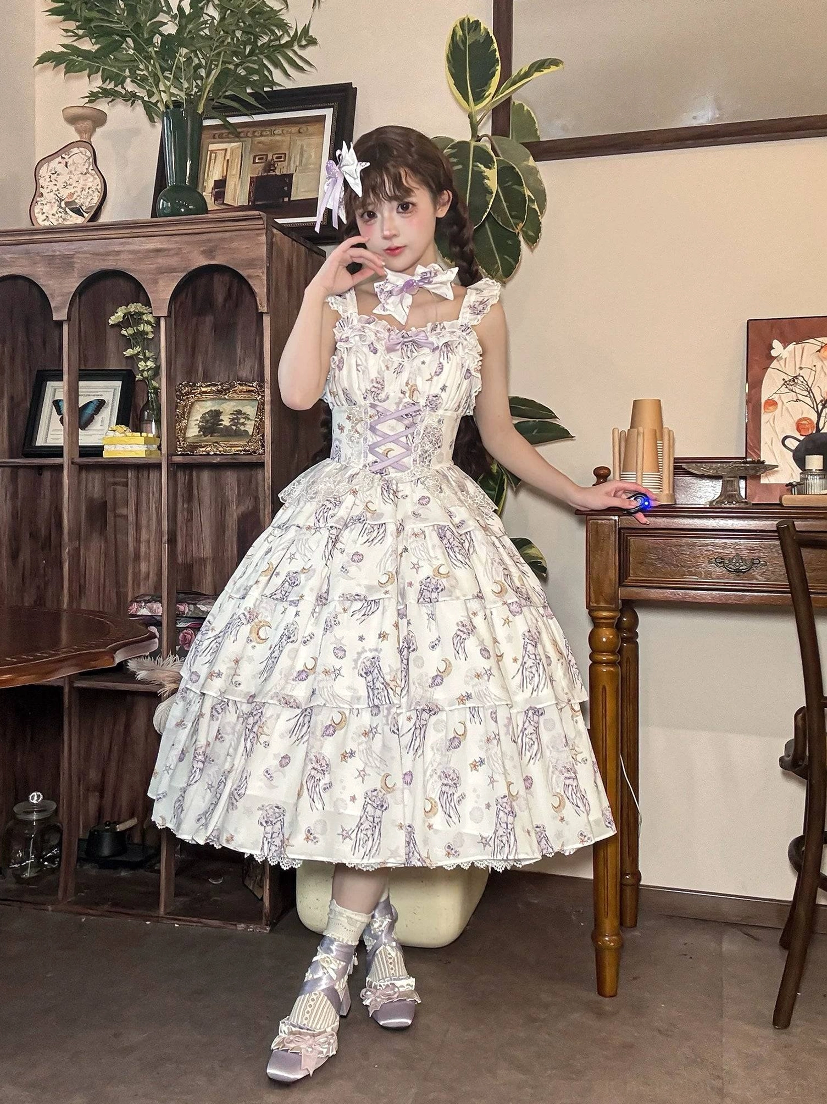 Starry jellyfish sleeveless classic lolita JSK jumper skirt front view white base blue-purple print corset lace-up design tiered ruffles