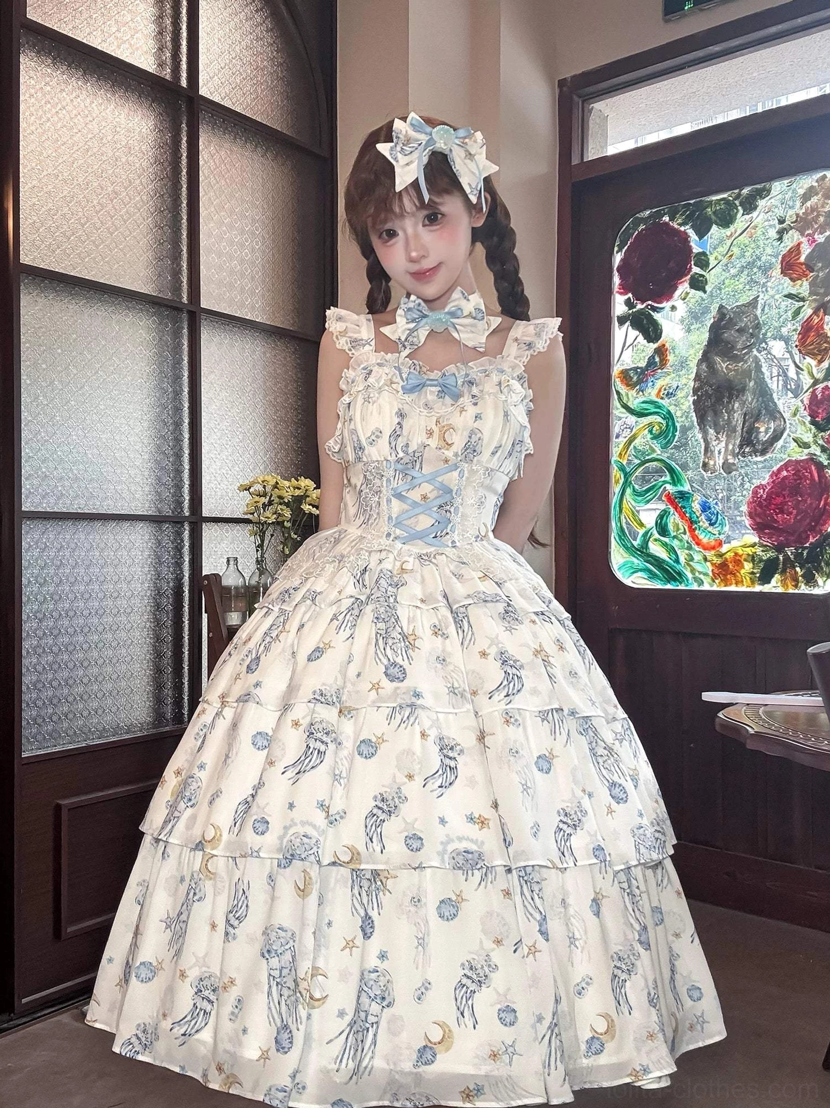 Starry jellyfish classic lolita long-length JSK dress front view white base blue star jellyfish print tiered ruffles sleeveless corset