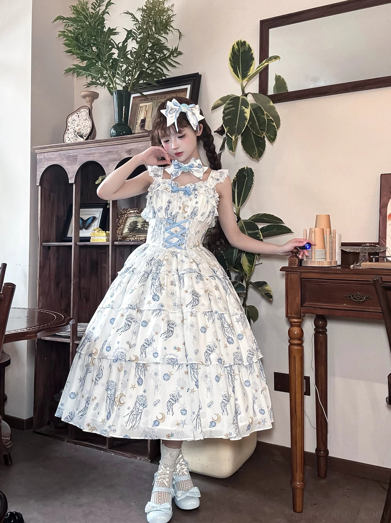 Starry jellyfish classic lolita OP dress accessories detail hair bow ribbon lace socks platform shoes coordination
