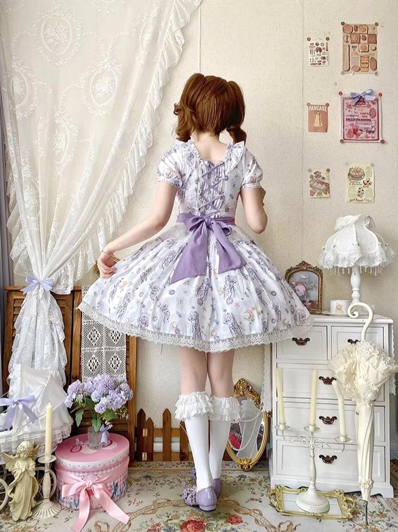 Starry jellyfish classic lolita short-sleeve OP dress back view purple base large back bow light purple print lace hem trim