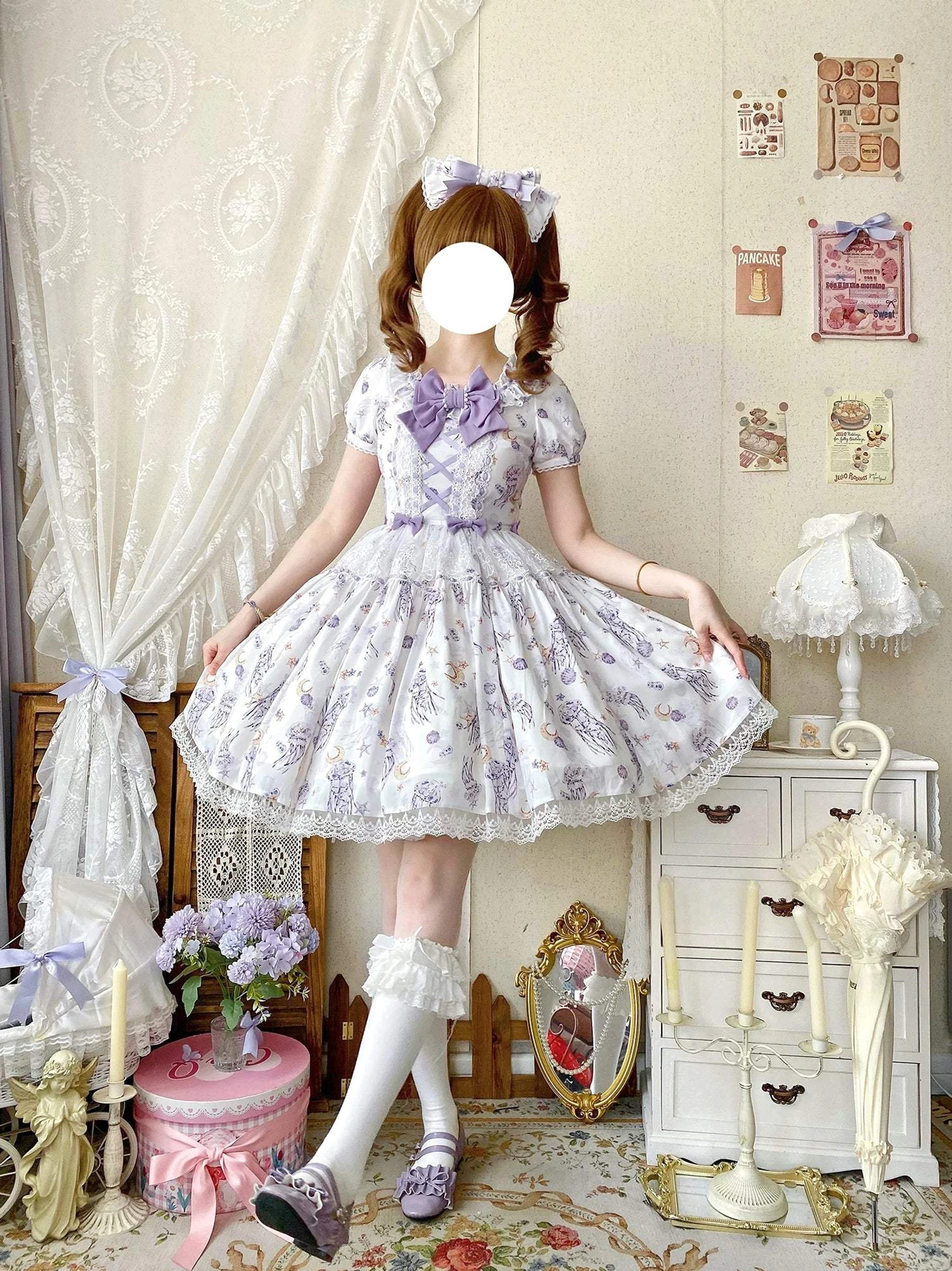 Starry jellyfish classic lolita short-sleeve OP dress front view purple base jellyfish print front contrast bow lace hem detail