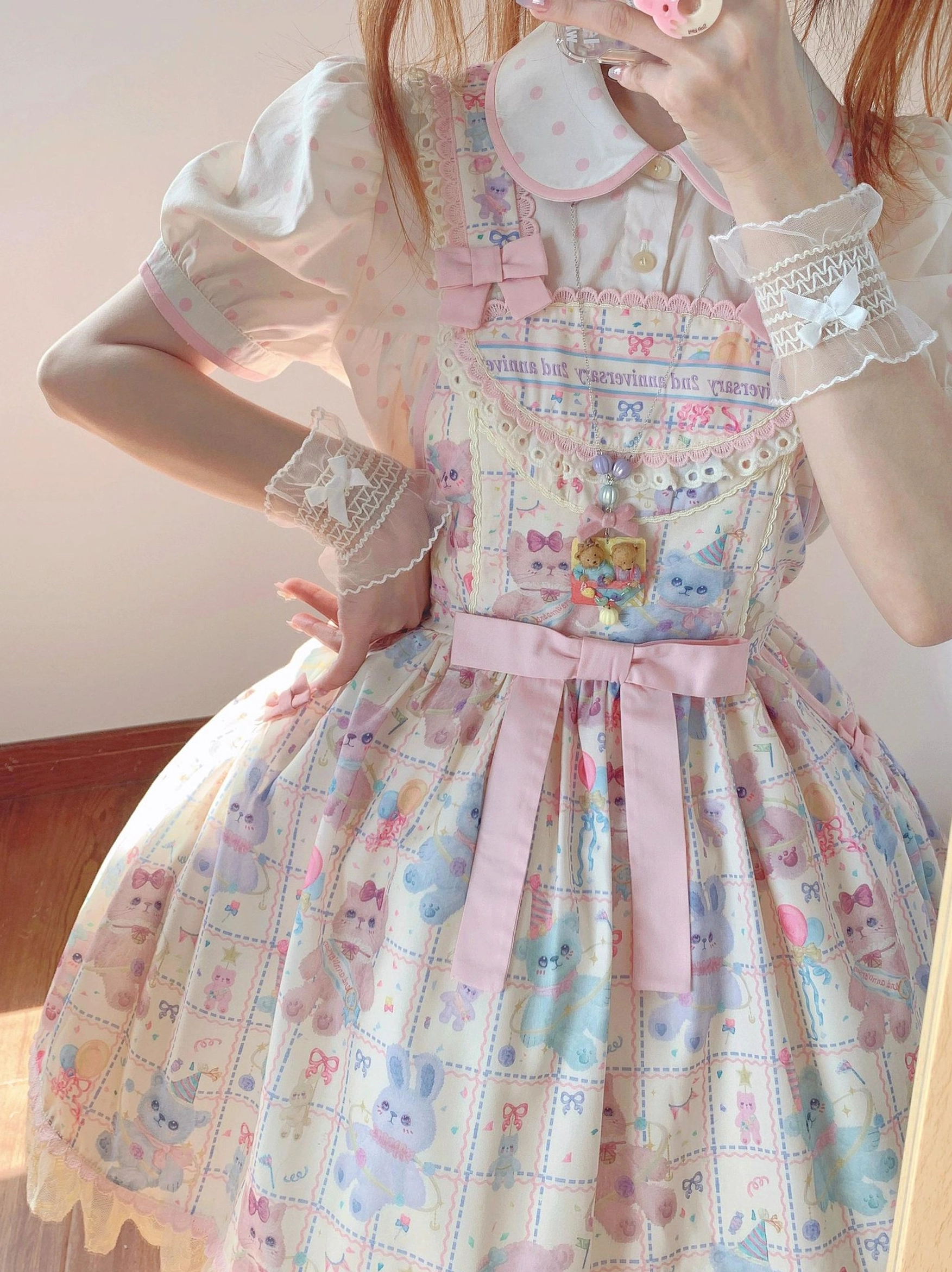 Starry pudding bear lolita jsk dress with decorative brooch adjustable shoulder straps and cute animal print fabric