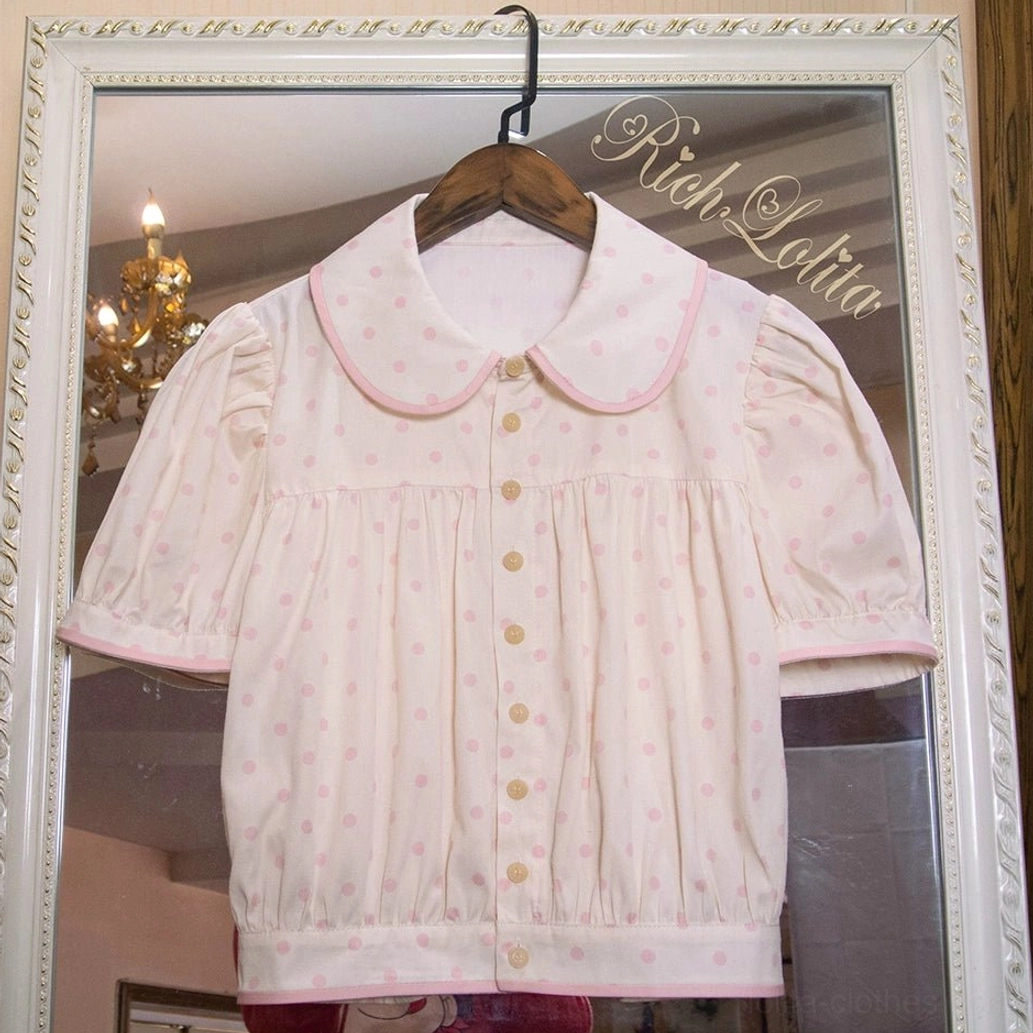 Starry pudding bear short-sleeve peter pan collar blouse with decorative polka dots button placket