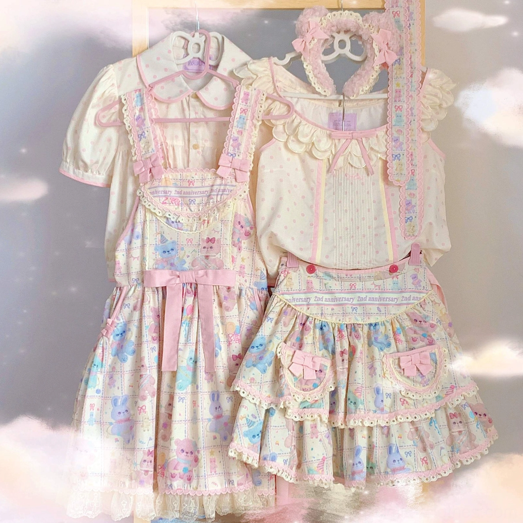 Starry Pudding Bear sweet lolita jsk jumper skirt and blouse hanging display with cute bunny bear cartoon prints pastel grid design