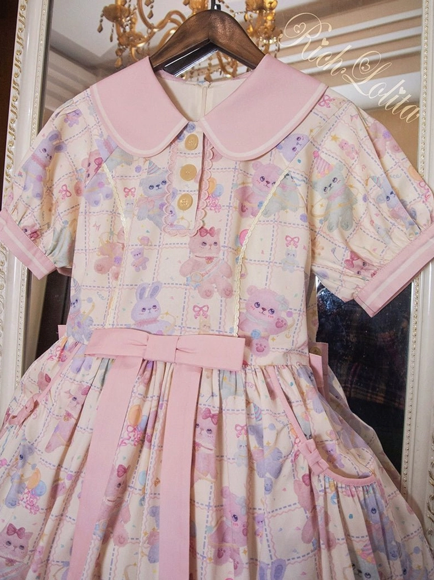 Starry pudding bear short-sleeve lolita op one-piece dress with pink peter pan collar and cute animal cartoon print