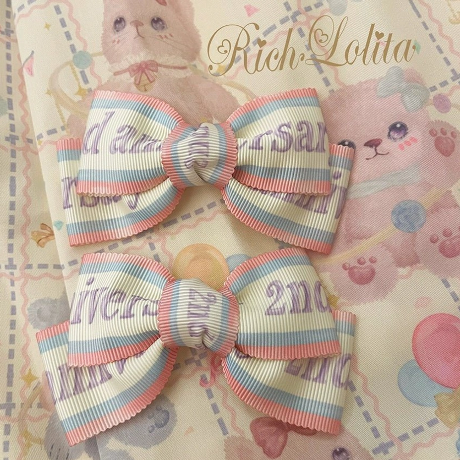 Starry pudding bear woven ribbon hair clips pair coordinating sweet lolita accessories self-fabric match
