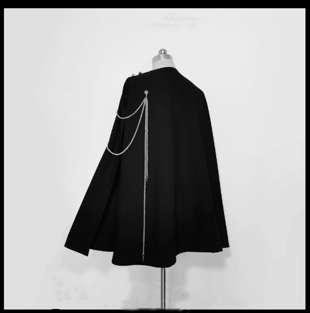 Stars Change Ouji black cape with layered silver chain trims back view on dress form lolita fashion rear silhouette