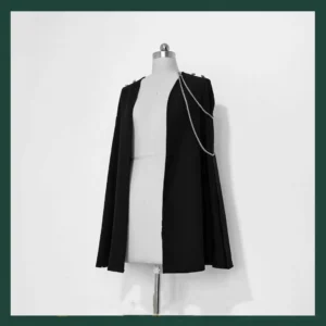 The Stars Change black Ouji lolita cape with silver chain shoulder detail displayed on dress form mannequin front view military-inspired design