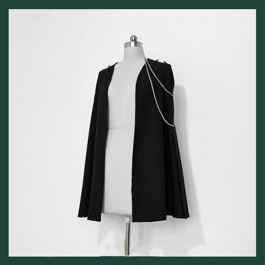 The Stars Change black Ouji lolita cape with silver chain shoulder detail displayed on dress form mannequin front view military-inspired design