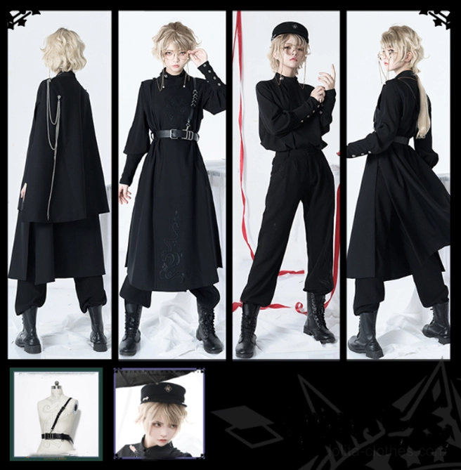 Stars Change Ouji lolita military fashion multi-angle collage showing front back side detail close-ups of black cape with silver chains and accessories