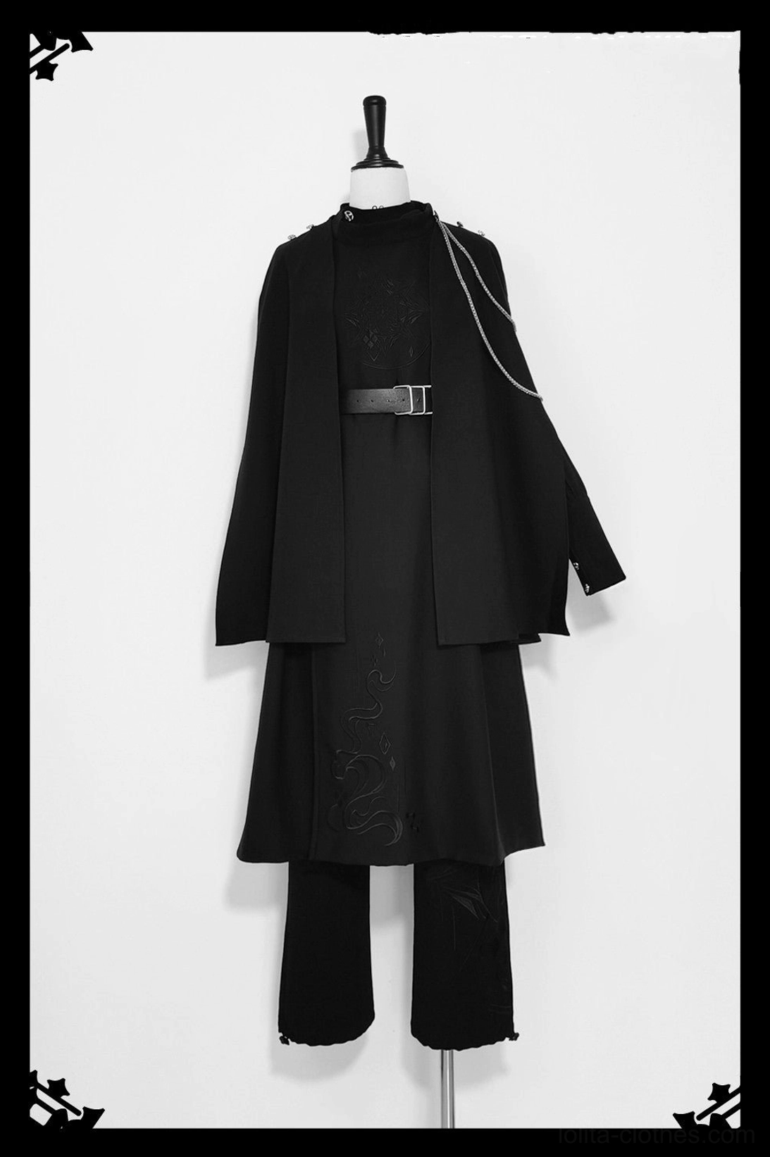 Full Stars Change Ouji lolita military outfit with black cape silver chain shoulder detail flat lay on dress mannequin front view structured collar