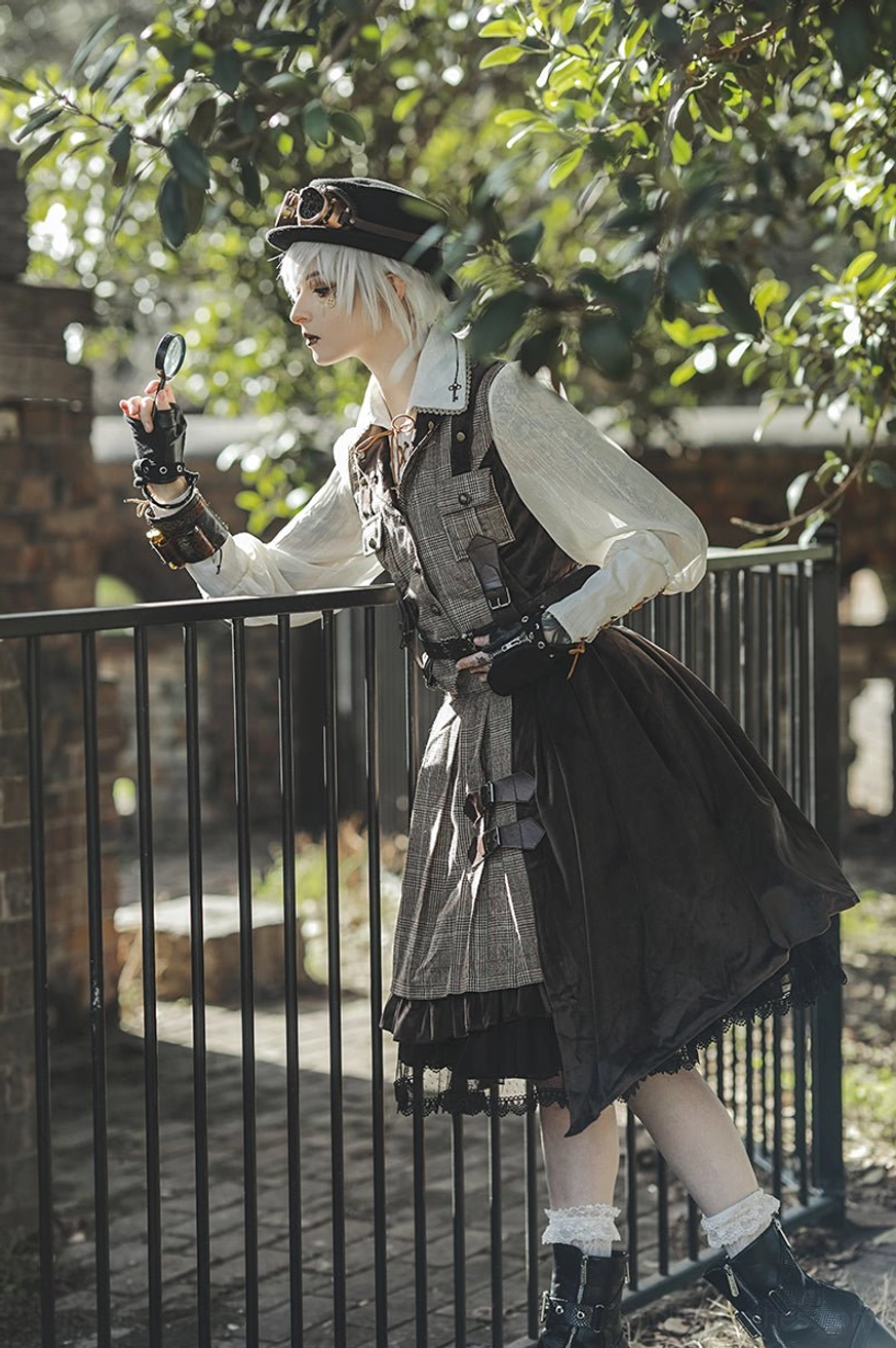 Side profile model shot wearing steampunk lolita detective outfit holding decorative magnifying glass prop, wearing detective hat, fingerless gloves, and dark frilly underlayer with plaid vest and velvet SK skirt