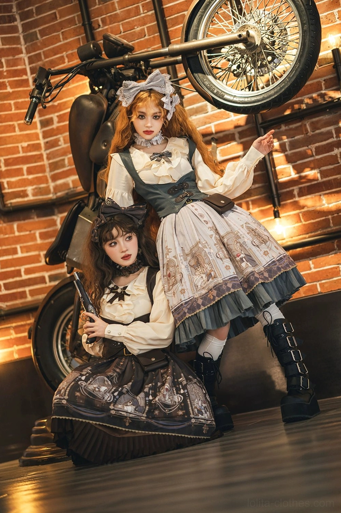 Steampunk lolita formal coordinate featuring brown PU leather vest with intricate vintage-inspired printed skirt