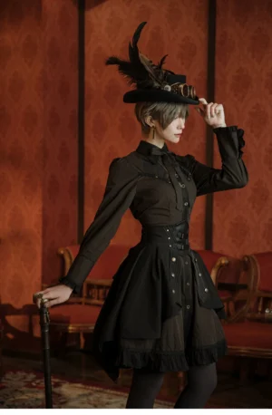 steampunk gothic lolita full outfit set side view short-haired model feathered top hat vintage red lounge