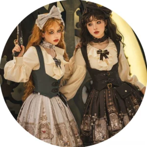 Two lolita models wearing steampunk gothic coordinated outfits with teal and black PU leather vests - paired styling inspiration