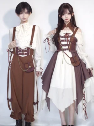 Steampunk lolita couple outfits three-quarter view ruffled stand collar blouse removable suspenders corset waist belt tassel decorations