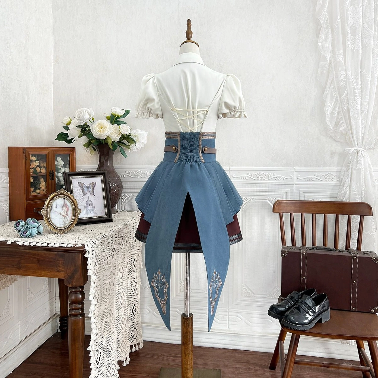 steampunk lolita skirt suit back view mannequin high-waisted blue tail skirt lace-up back closure embroidered